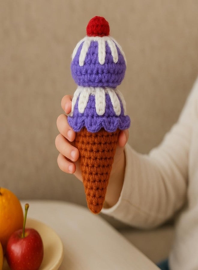 سوترا لعبة خشخيشة آيس كريم مصنوعة يدويًا من الكروشيه من سوترا | خشخيشة مخروطية ناعمة من الصوف بتقنية أميغورومي للأطفال الرضع والصغار | آمنة، قابلة للغسل، هدية مميزة لحفلات استقبال المولود | لعبة ناعمة مصنوعة يدويًا 100% للأطفال - Image 3